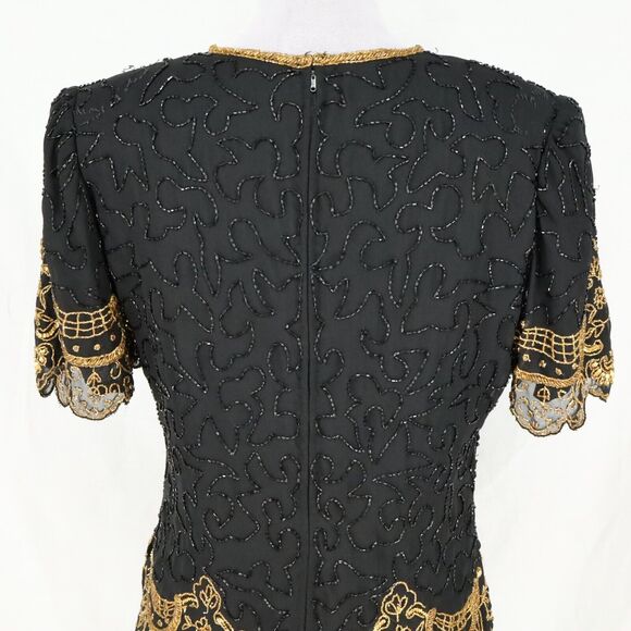 Brillante by JA Dress Womens Large Black Sequin Gold Trim Chiffon Formal Vintage - Picture 9 of 16